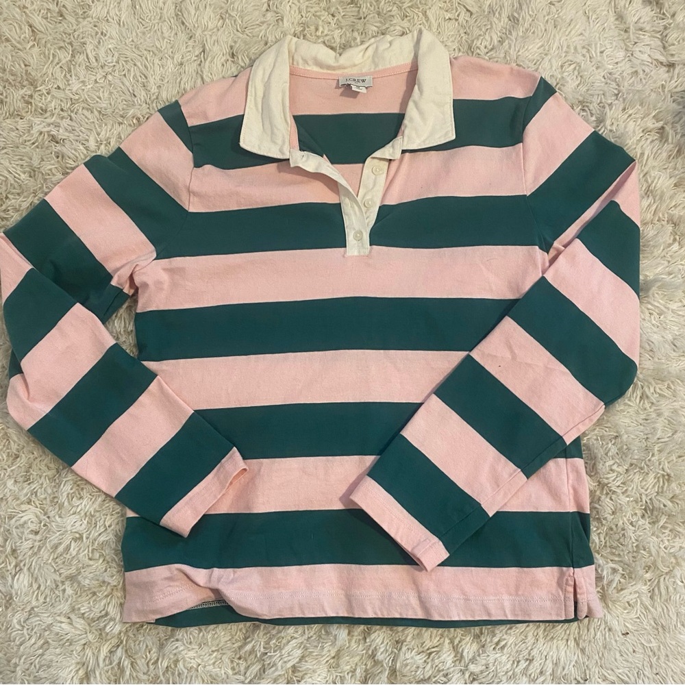 J Crew Pink and Green striped Rugby Polo Long Sleeve Shirt
